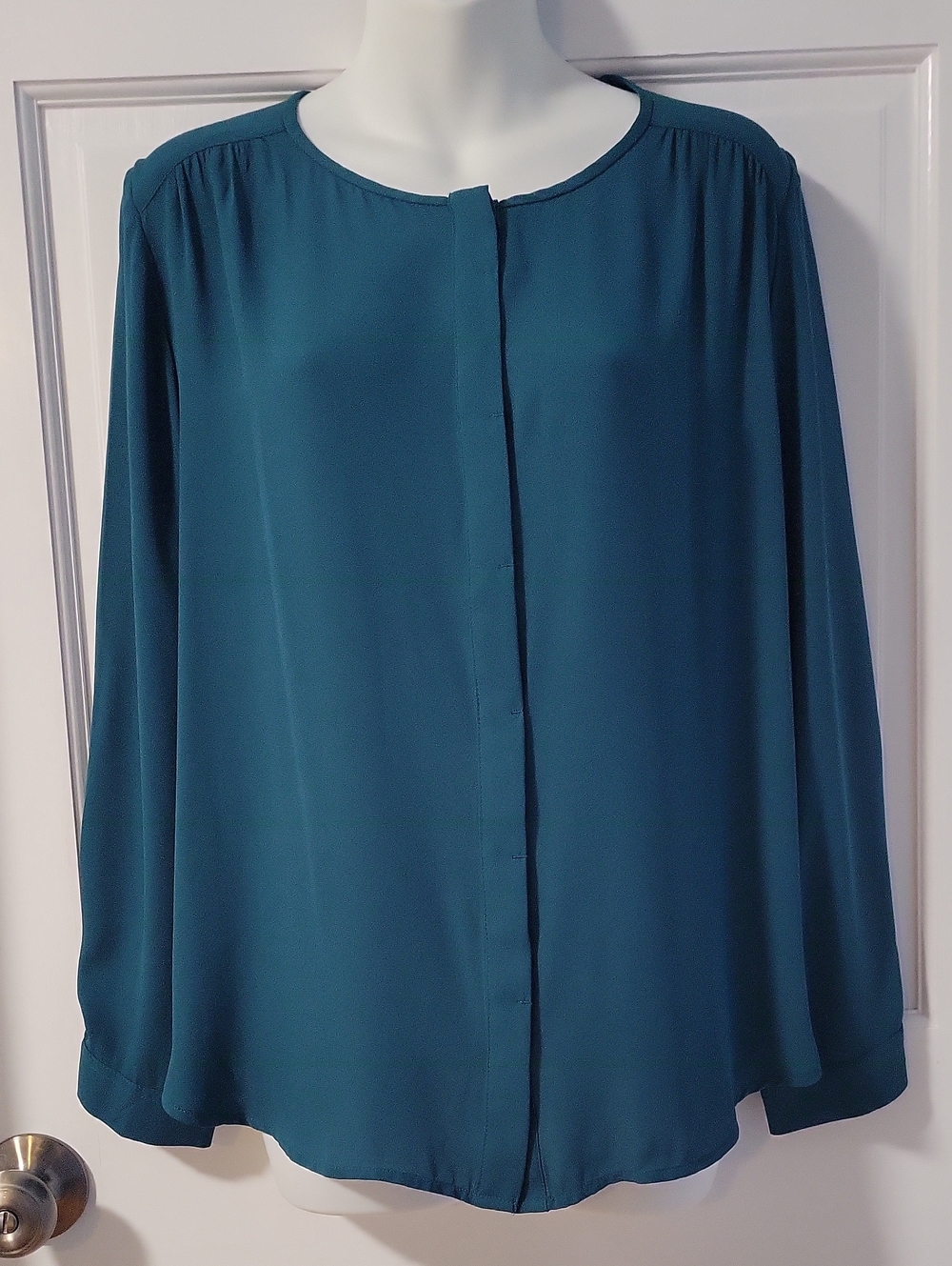 LOFT Teal Button-Front Long-Sleeve Blouse